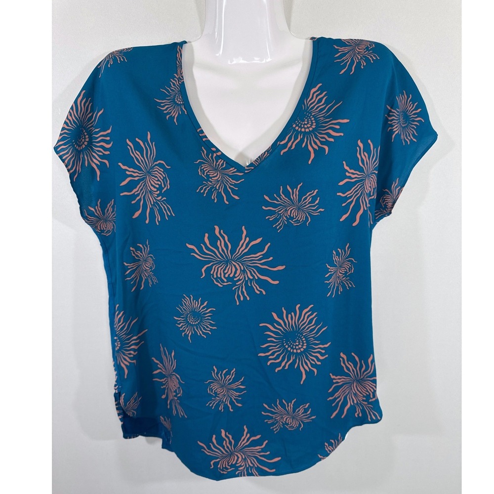 Ann Taylor LOFT Womens Small Teal Blue Peach Floral Sunburst V-Neck Blouse Top